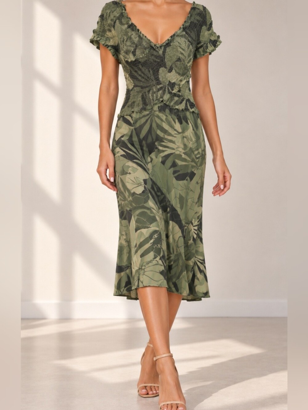 Jessica Simpson Olive Green Botanical Midi Dress